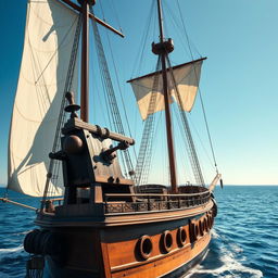 A vintage sailing ship with an ornate catapult mounted on its deck, sailing gracefully through calm waters under a clear blue sky