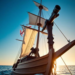 A vintage sailing ship with an ornate catapult mounted on its deck, sailing gracefully through calm waters under a clear blue sky
