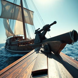 A vintage sailing ship with an ornate catapult mounted on its deck, sailing gracefully through calm waters under a clear blue sky