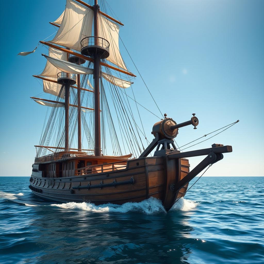 A vintage sailing ship with an ornate catapult mounted on its deck, sailing gracefully through calm waters under a clear blue sky