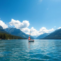 A serene scene of a picturesque sailboat gliding across a crystal-clear lake, surrounded by majestic mountains