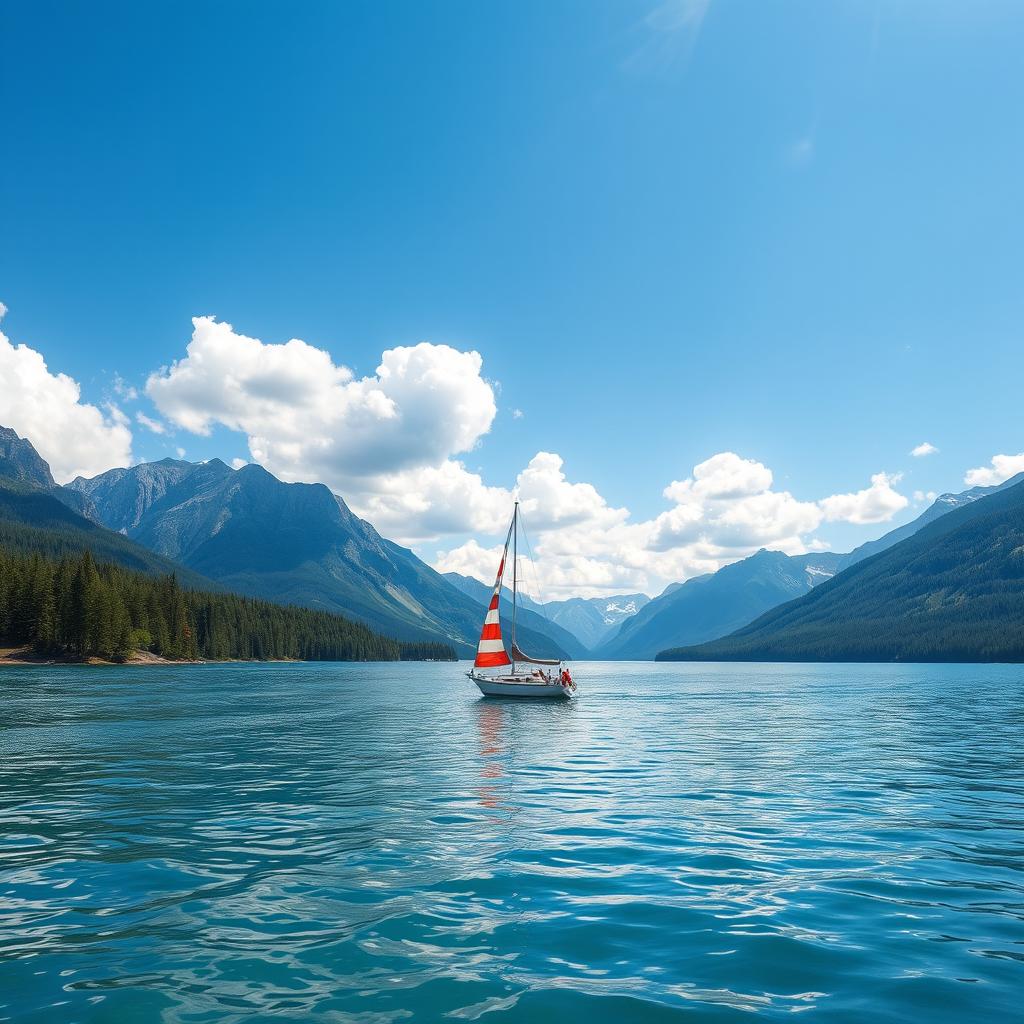 A serene scene of a picturesque sailboat gliding across a crystal-clear lake, surrounded by majestic mountains