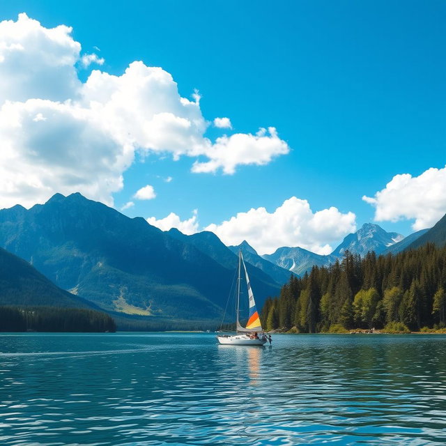 A serene scene of a picturesque sailboat gliding across a crystal-clear lake, surrounded by majestic mountains