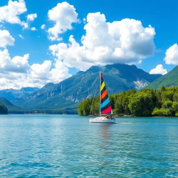 A serene scene of a picturesque sailboat gliding across a crystal-clear lake, surrounded by majestic mountains