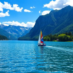 A serene scene of a picturesque sailboat gliding across a crystal-clear lake, surrounded by majestic mountains