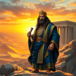 A majestic heroic depiction of Kourosh (Cyrus the Great), standing confidently on a rocky landscape, adorned in regal Persian attire, intricately designed with gold and deep blue