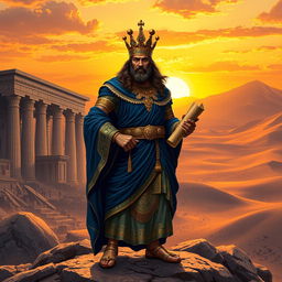 A majestic heroic depiction of Kourosh (Cyrus the Great), standing confidently on a rocky landscape, adorned in regal Persian attire, intricately designed with gold and deep blue