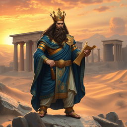 A majestic heroic depiction of Kourosh (Cyrus the Great), standing confidently on a rocky landscape, adorned in regal Persian attire, intricately designed with gold and deep blue
