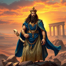 A majestic heroic depiction of Kourosh (Cyrus the Great), standing confidently on a rocky landscape, adorned in regal Persian attire, intricately designed with gold and deep blue