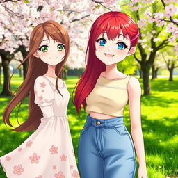 A beautiful scene featuring two female characters in a serene park during spring