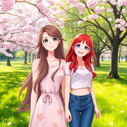 A beautiful scene featuring two female characters in a serene park during spring