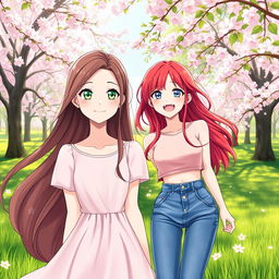 A beautiful scene featuring two female characters in a serene park during spring