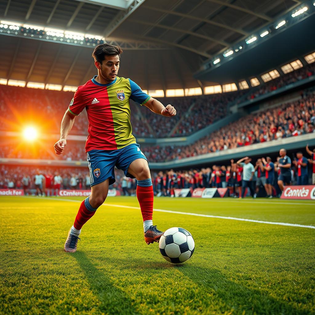 A dynamic and action-packed scene depicting a professional football player in motion, wearing a striking team uniform with vibrant colors