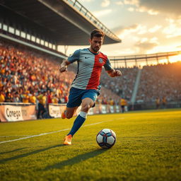 A dynamic and action-packed scene depicting a professional football player in motion, wearing a striking team uniform with vibrant colors