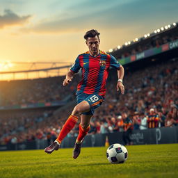 A dynamic and action-packed scene depicting a professional football player in motion, wearing a striking team uniform with vibrant colors