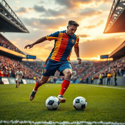 A dynamic and action-packed scene depicting a professional football player in motion, wearing a striking team uniform with vibrant colors