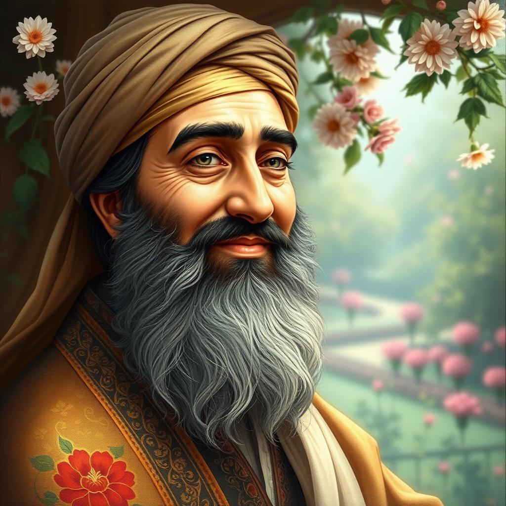 A detailed and artistic portrait of Hafez Shirazi, capturing the essence of the famous Persian poet