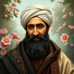A detailed and artistic portrait of Hafez Shirazi, capturing the essence of the famous Persian poet
