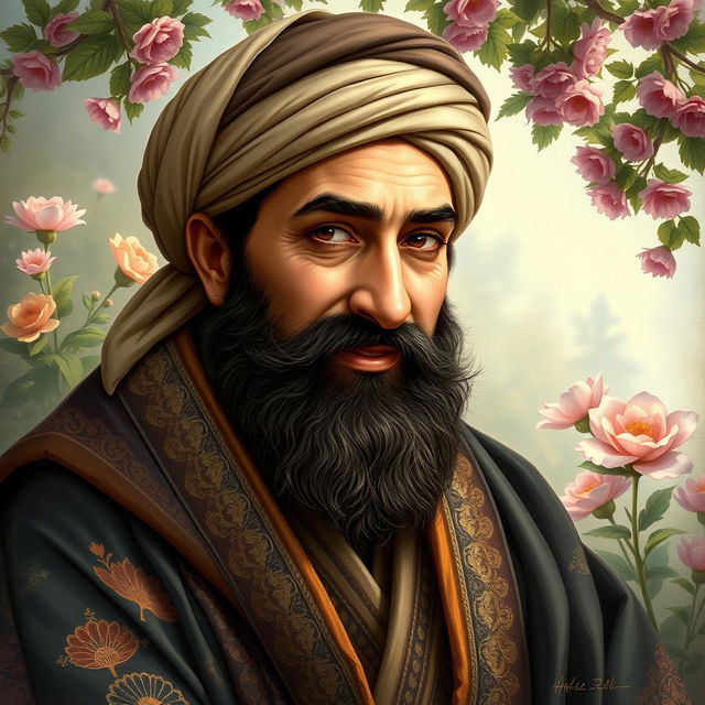 A detailed and artistic portrait of Hafez Shirazi, capturing the essence of the famous Persian poet