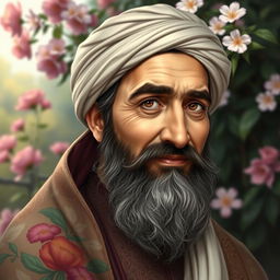 A detailed and artistic portrait of Hafez Shirazi, capturing the essence of the famous Persian poet