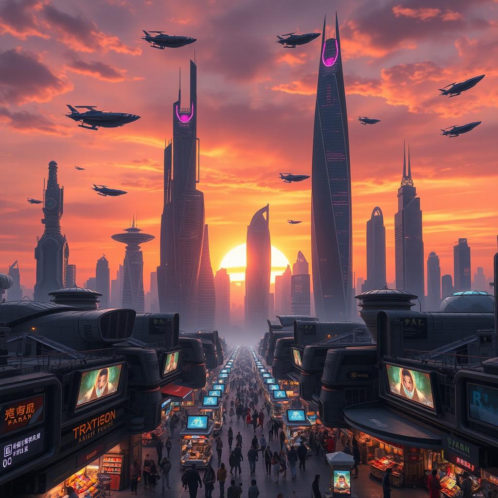 A futuristic cityscape at sunset, showcasing towering skyscrapers with neon lights, flying cars crisscrossing the sky, and vibrant street markets below