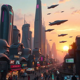A futuristic cityscape at sunset, showcasing towering skyscrapers with neon lights, flying cars crisscrossing the sky, and vibrant street markets below