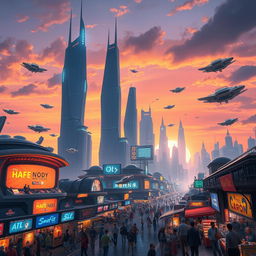 A futuristic cityscape at sunset, showcasing towering skyscrapers with neon lights, flying cars crisscrossing the sky, and vibrant street markets below