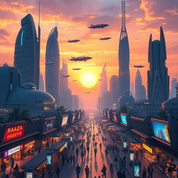 A futuristic cityscape at sunset, showcasing towering skyscrapers with neon lights, flying cars crisscrossing the sky, and vibrant street markets below