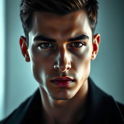 A striking portrait of a person with a sharp jawline, showcasing defined facial features and a confident expression