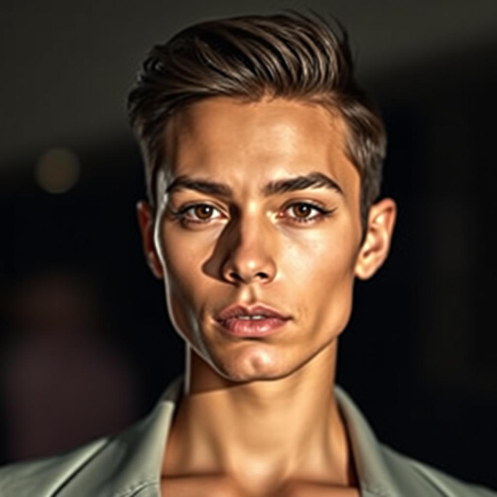 A striking portrait of a person with a sharp jawline, showcasing defined facial features and a confident expression