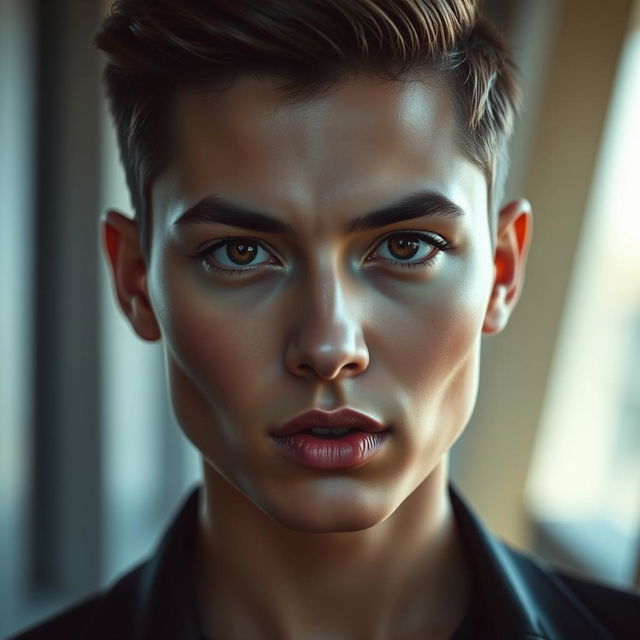 A striking portrait of a person with a sharp jawline, showcasing defined facial features and a confident expression