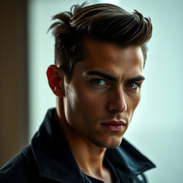 A striking portrait of a person with a sharp jawline, showcasing defined facial features and a confident expression