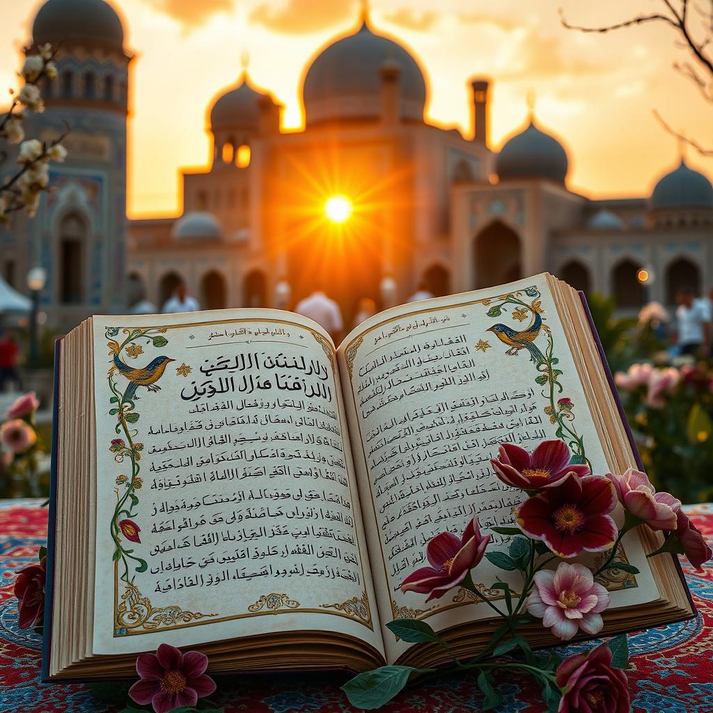 A beautifully intricate Persian poet's manuscript featuring Hafez's poetry, surrounded by lush flowers, intricate geometric patterns, and ornate calligraphy