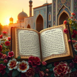 A beautifully intricate Persian poet's manuscript featuring Hafez's poetry, surrounded by lush flowers, intricate geometric patterns, and ornate calligraphy