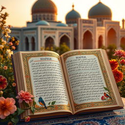 A beautifully intricate Persian poet's manuscript featuring Hafez's poetry, surrounded by lush flowers, intricate geometric patterns, and ornate calligraphy