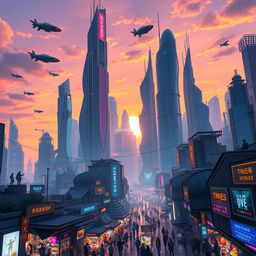 A futuristic cityscape at sunset, showcasing towering skyscrapers with neon lights, flying cars crisscrossing the sky, and vibrant street markets below