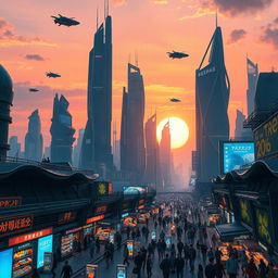 A futuristic cityscape at sunset, showcasing towering skyscrapers with neon lights, flying cars crisscrossing the sky, and vibrant street markets below