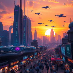 A futuristic cityscape at sunset, showcasing towering skyscrapers with neon lights, flying cars crisscrossing the sky, and vibrant street markets below
