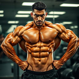 A powerful and muscular male athlete, showcasing an extraordinary physique and detailed bodybuilding definition, Hadi Choopan in an intense pose, highlighting his well-defined arms and abs