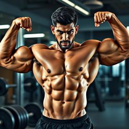 A powerful and muscular male athlete, showcasing an extraordinary physique and detailed bodybuilding definition, Hadi Choopan in an intense pose, highlighting his well-defined arms and abs