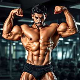 A powerful and muscular male athlete, showcasing an extraordinary physique and detailed bodybuilding definition, Hadi Choopan in an intense pose, highlighting his well-defined arms and abs