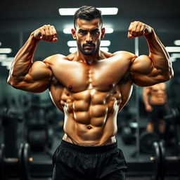 A powerful and muscular male athlete, showcasing an extraordinary physique and detailed bodybuilding definition, Hadi Choopan in an intense pose, highlighting his well-defined arms and abs
