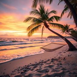 A serene beach scene at sunset, with soft waves lapping against the shore