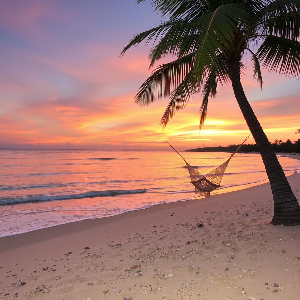 A serene beach scene at sunset, with soft waves lapping against the shore