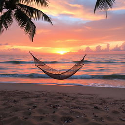 A serene beach scene at sunset, with soft waves lapping against the shore