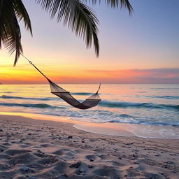 A serene beach scene at sunset, with soft waves lapping against the shore