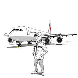 A realistic sketch-style illustration featuring a large airplane as the main focus, parked on an airport tarmac