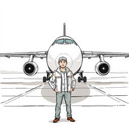 A realistic sketch-style illustration featuring a large airplane as the main focus, parked on an airport tarmac