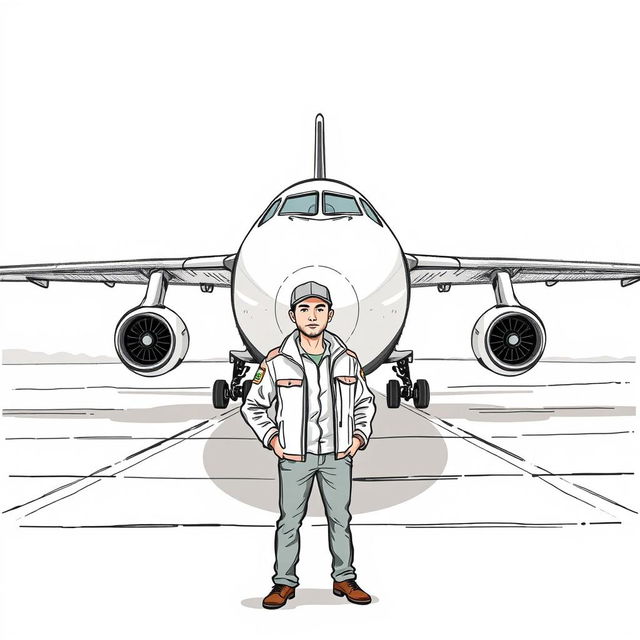 A realistic sketch-style illustration featuring a large airplane as the main focus, parked on an airport tarmac