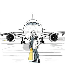 A realistic sketch-style illustration featuring a large airplane as the main focus, parked on an airport tarmac